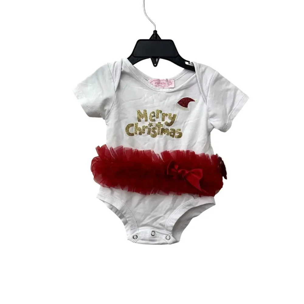 Popatu Girls White Merry Christmas One Piece With Tutu 12 Months NWT